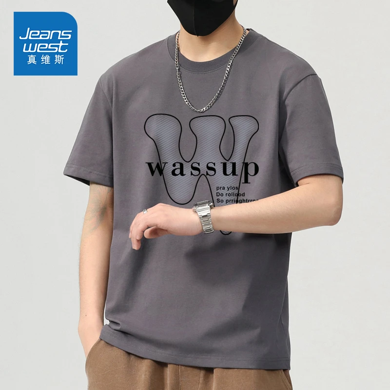 Jeanswest/真维斯夏季新款短袖T恤男士宽松休闲潮牌印花圆领半袖
