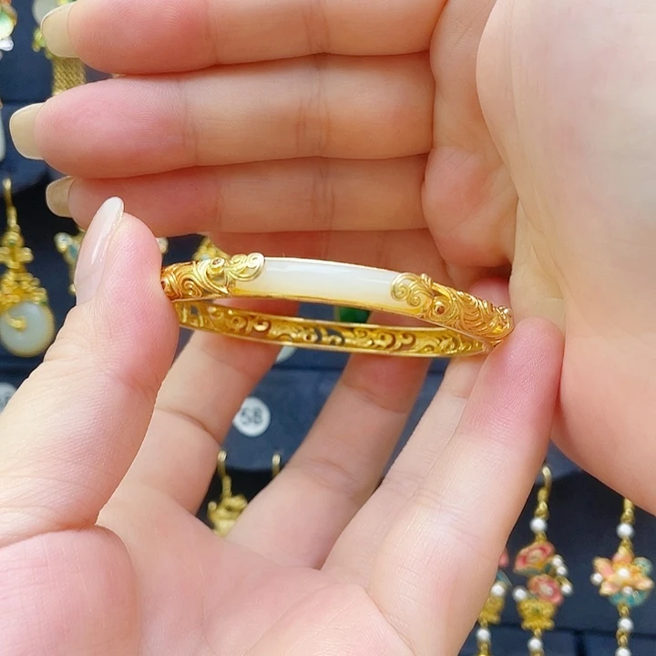 和田玉银S925镀金镶嵌手镯
