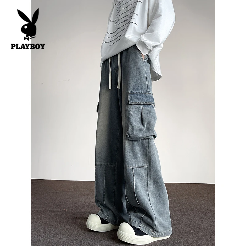 花花公子美式高街大口袋牛仔裤男水洗拼接阔腿裤宽松百搭工装长