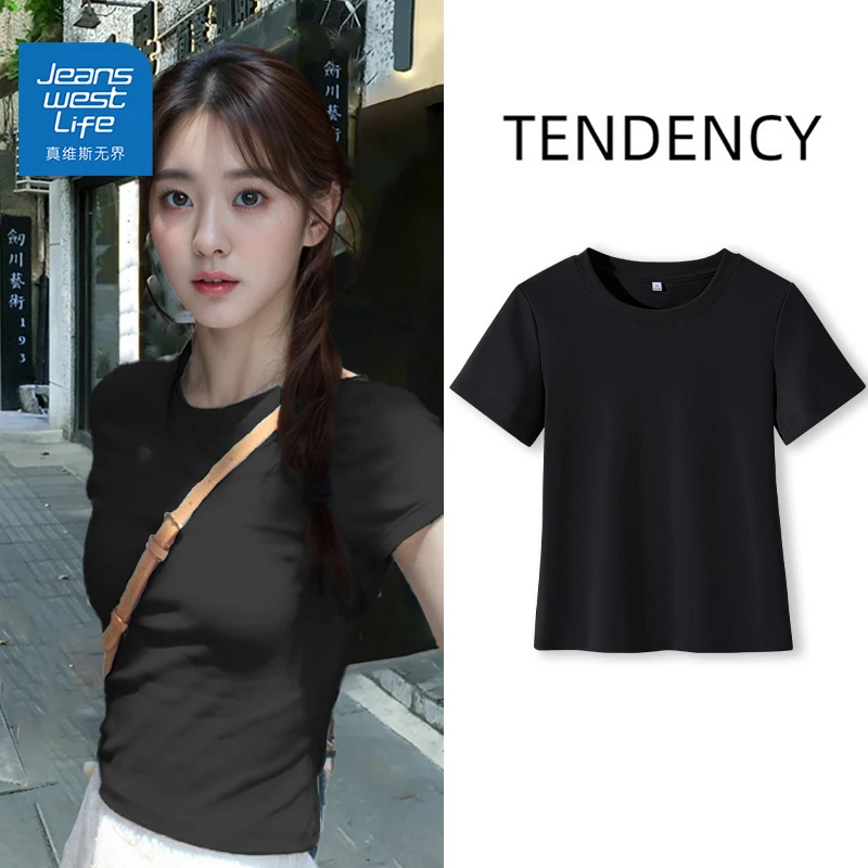 真维斯无界黑色正肩短袖t恤女2025新款修身美式半袖内搭打底上衣