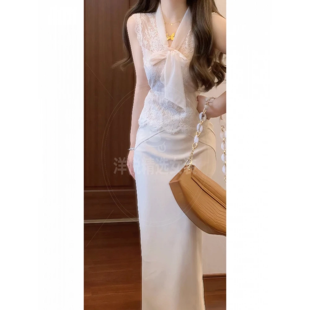 温柔姐姐风情万种纯欲蕾丝无袖蝴蝶结上衣&包臀甜美可爱风格衣服