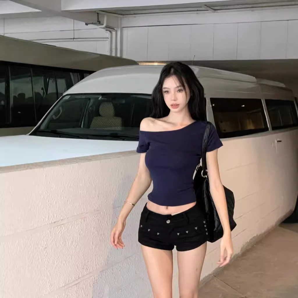 纯欲斜露肩短袖T恤女2025夏季新款短款露脐修身百搭学生上衣ins潮