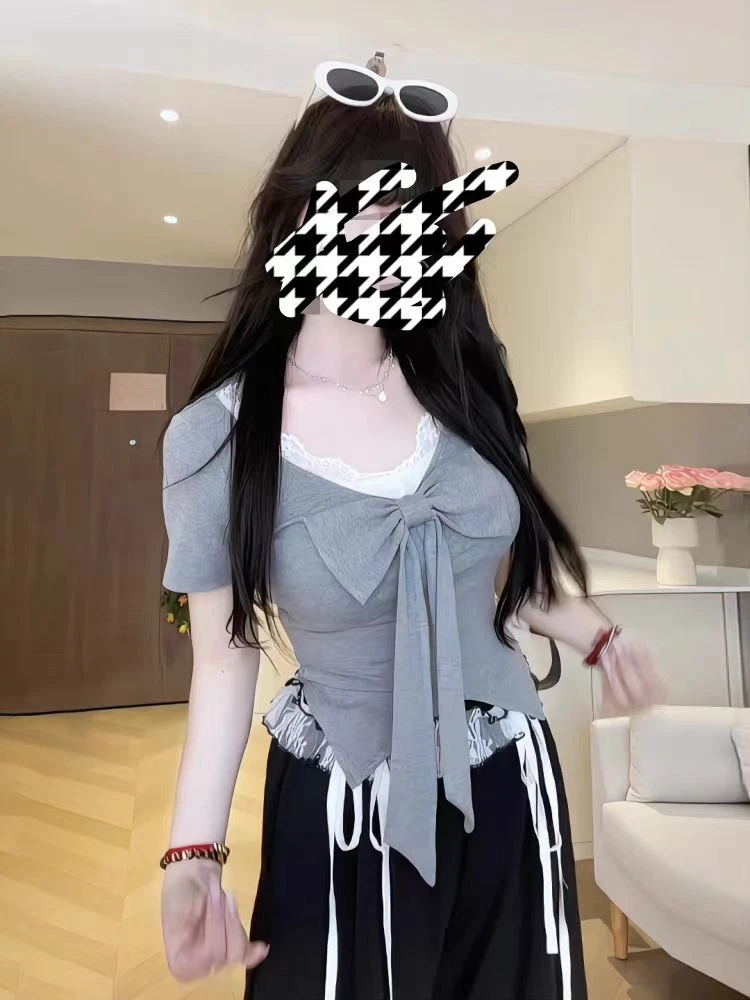 3097蝴蝶结蕾丝拼接短袖