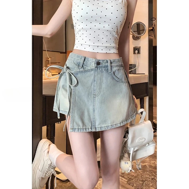【现货+运费险】弹力高腰牛仔短裤女夏显瘦百搭直筒阔腿牛仔半身裙