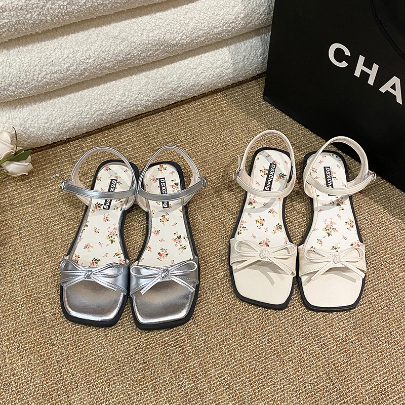 2025凉鞋女夏外穿银色一字带凉鞋拖鞋明星网红厚底拖鞋仙女露趾