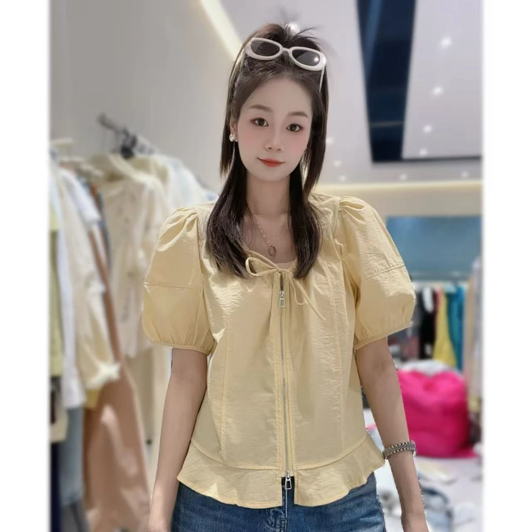 【三懿服饰】夏季温柔风短袖法式甜美拉链款系带上衣-1329