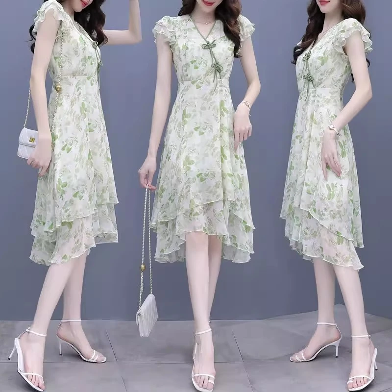 新中式改良旗袍2025夏季新款女碎花雪纺连衣裙显瘦印花蛋糕裙子