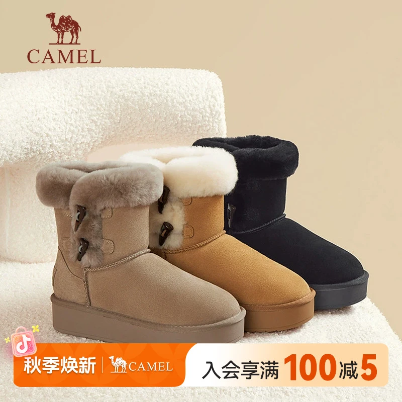 骆驼女鞋2025冬季时尚加绒雪地靴女款保暖厚底短靴子秋冬雪地靴