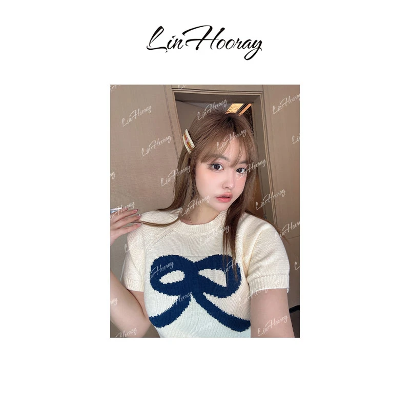 【HoorayLin】“有点欧尼风”针织藏蓝色短袖蝴蝶结针织#QD186新