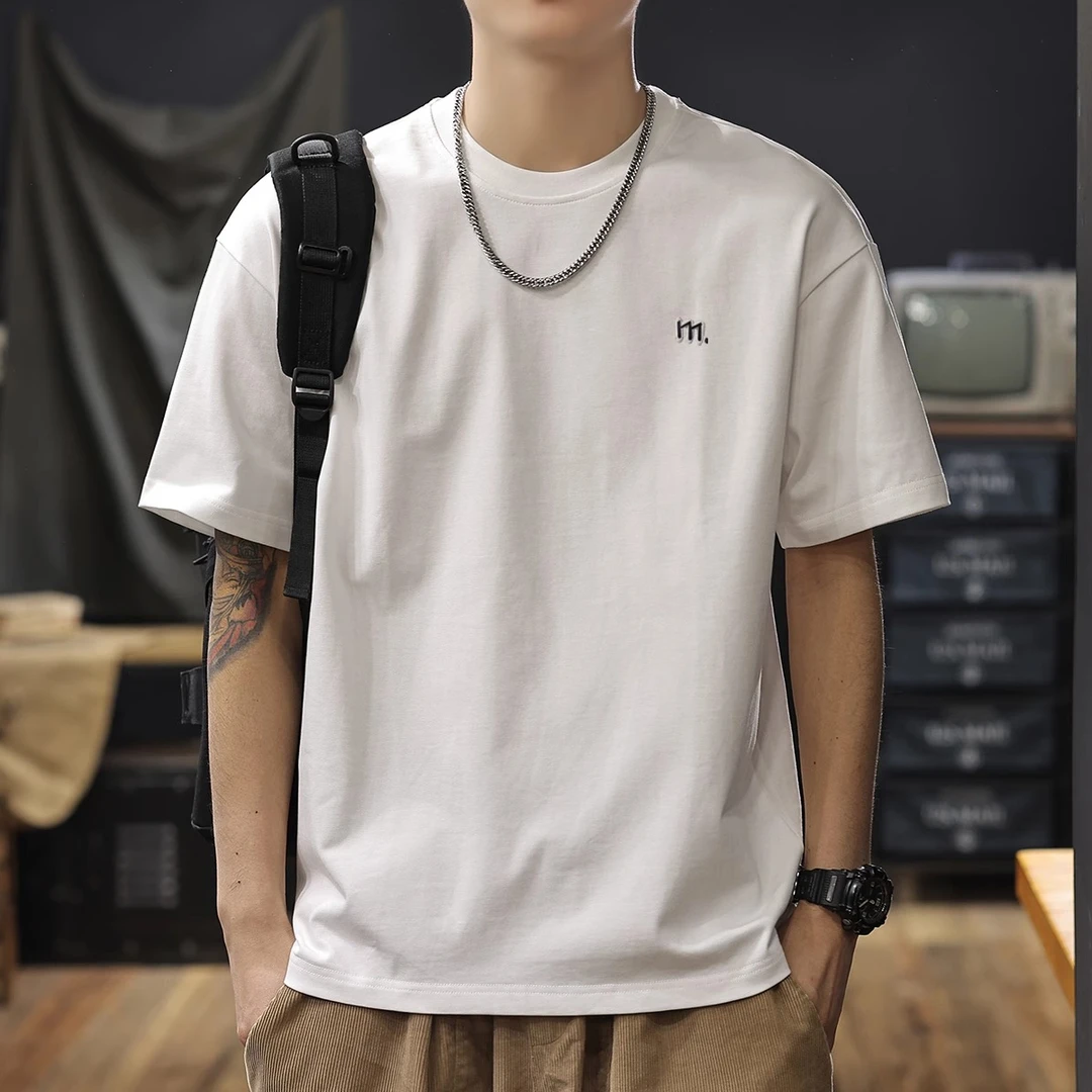 Salodac夏季新款重磅纯棉刺绣T恤男短袖纯色简约百搭男士男款t