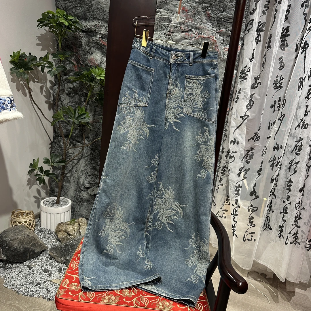 【倩倩】原创中式国潮风定制直筒宽松重工扎染秋冬提花牛仔裤SH0011