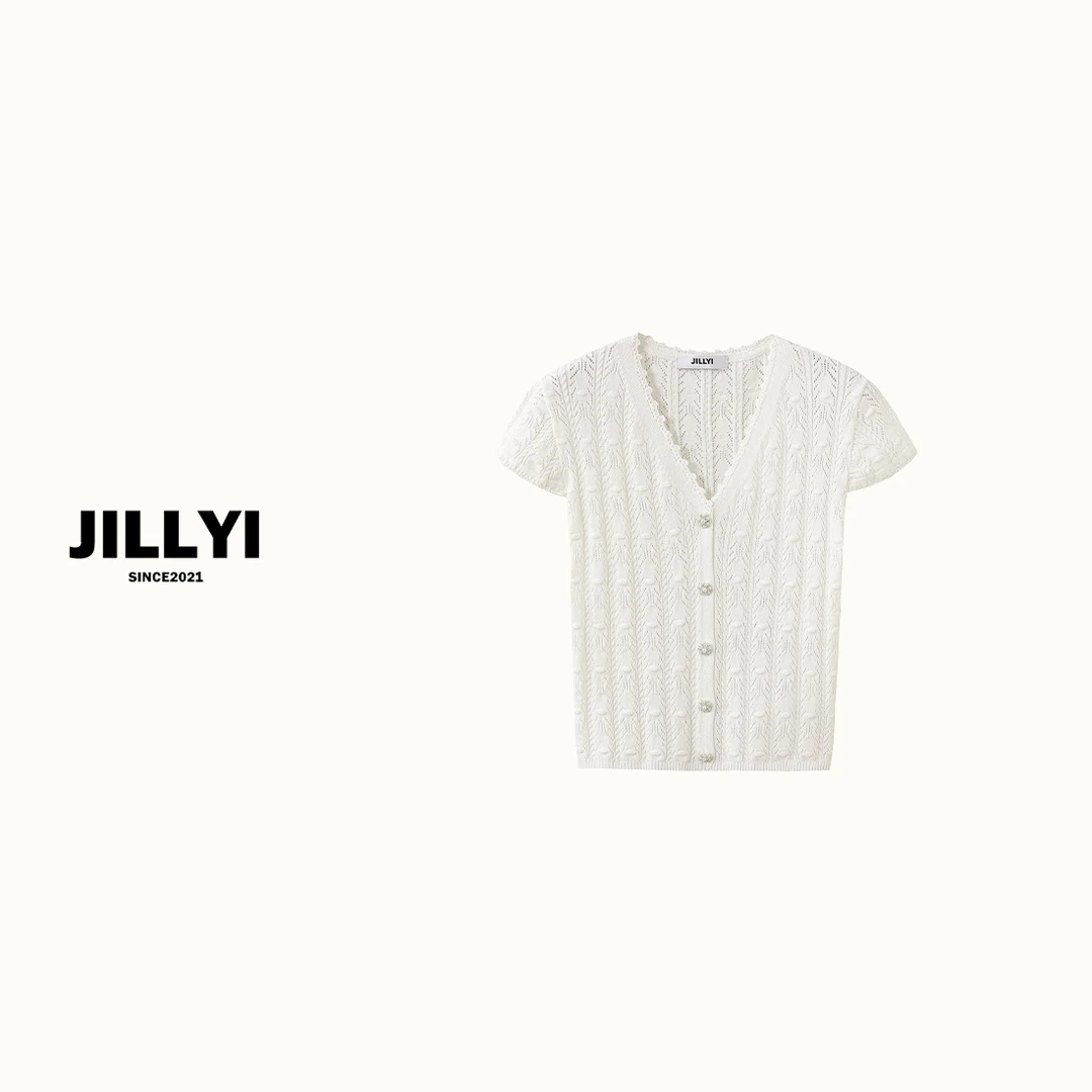 JILLYI【雪白落叶】白色V领街头风夏季短袖薄款时尚百搭毛针衬衫