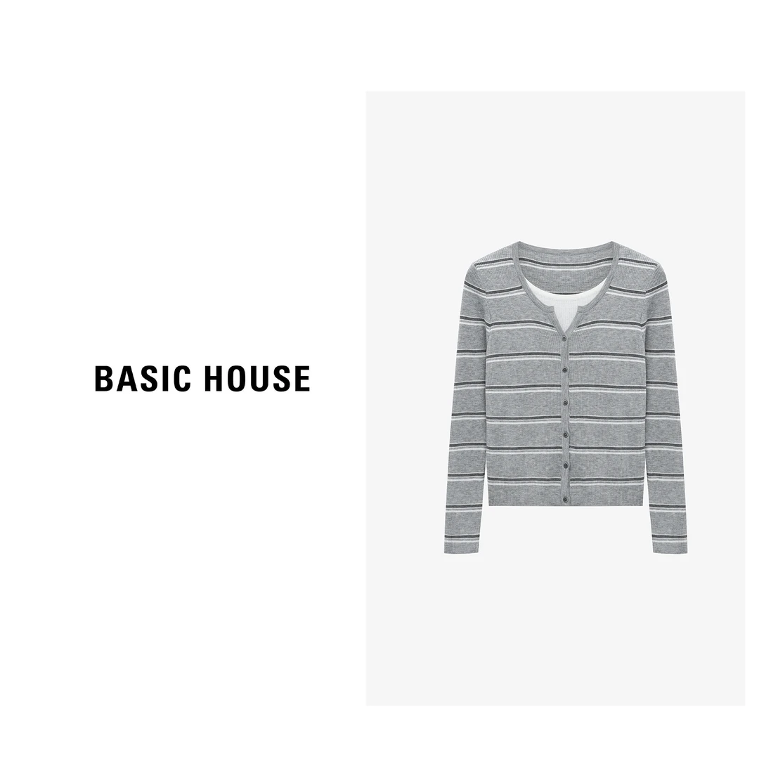 Basic House/百家好长袖短款时尚条纹格子秋冬针织衫-B0625B5JBF2