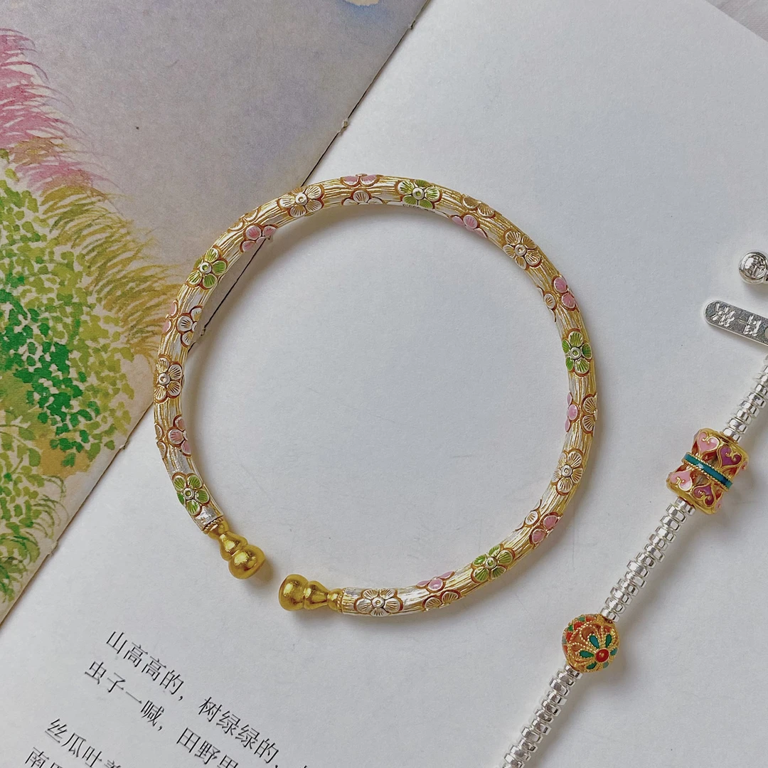 足银手镯 樱花葫芦 描金银手镯999足银时尚百搭实心手环女款银饰