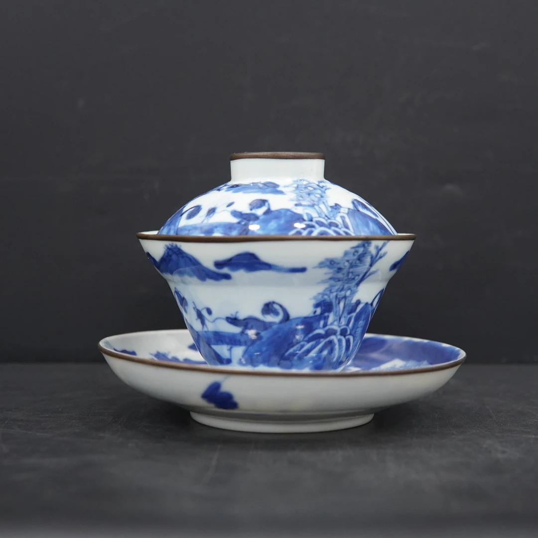 XG00182青花通景渔樵耕读纹折腰三才盖碗