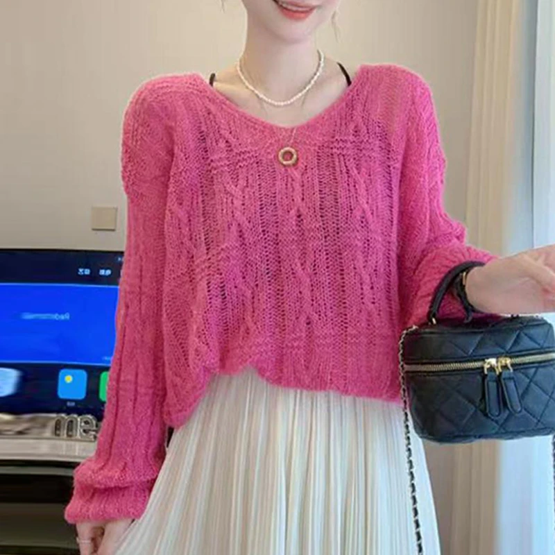 潮流百搭通勤洋气纯色衣服女2025早秋新款港风复古V领长袖针织衫