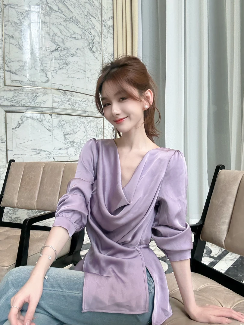 【水波鸢尾】荡领长袖设计感系带收腰高级感chic别致上衣