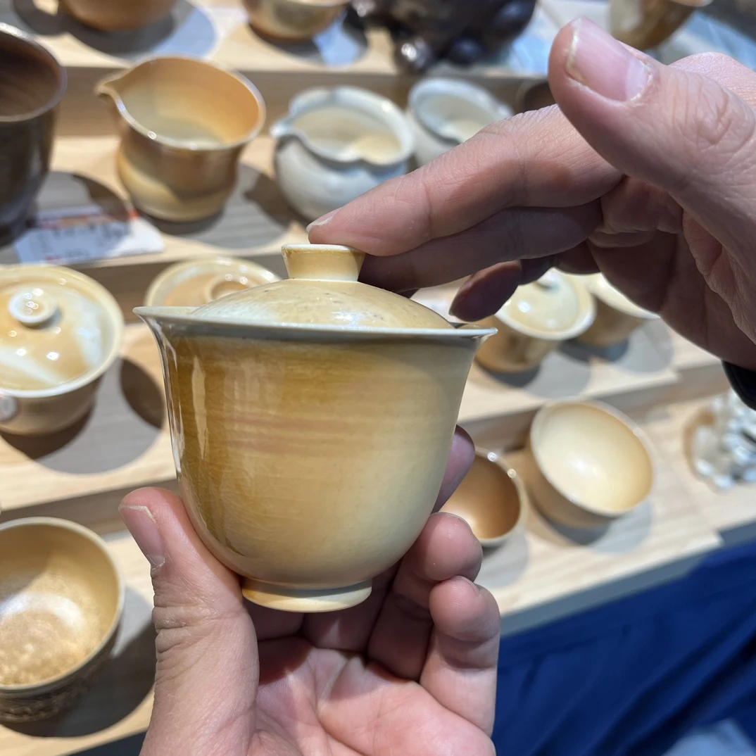 景德镇黄色小盖碗纯手工柴烧盖碗主人杯复古