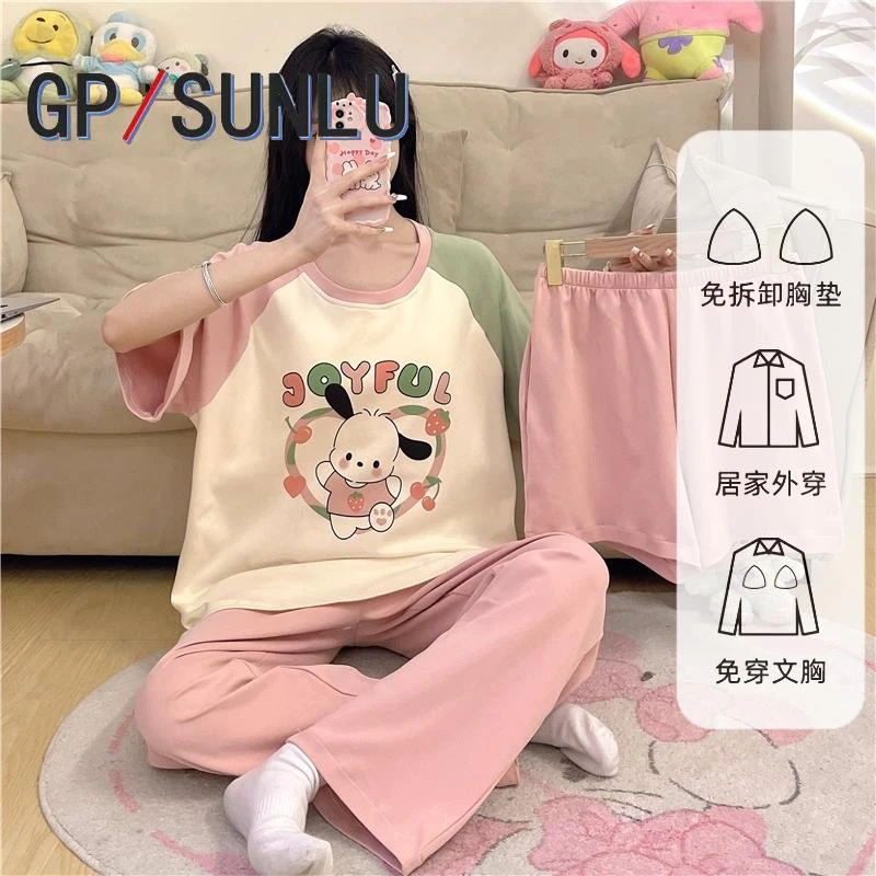 日本小众GP夏季卡通三件套装睡衣女士带胸垫一体式短袖大码家居服
