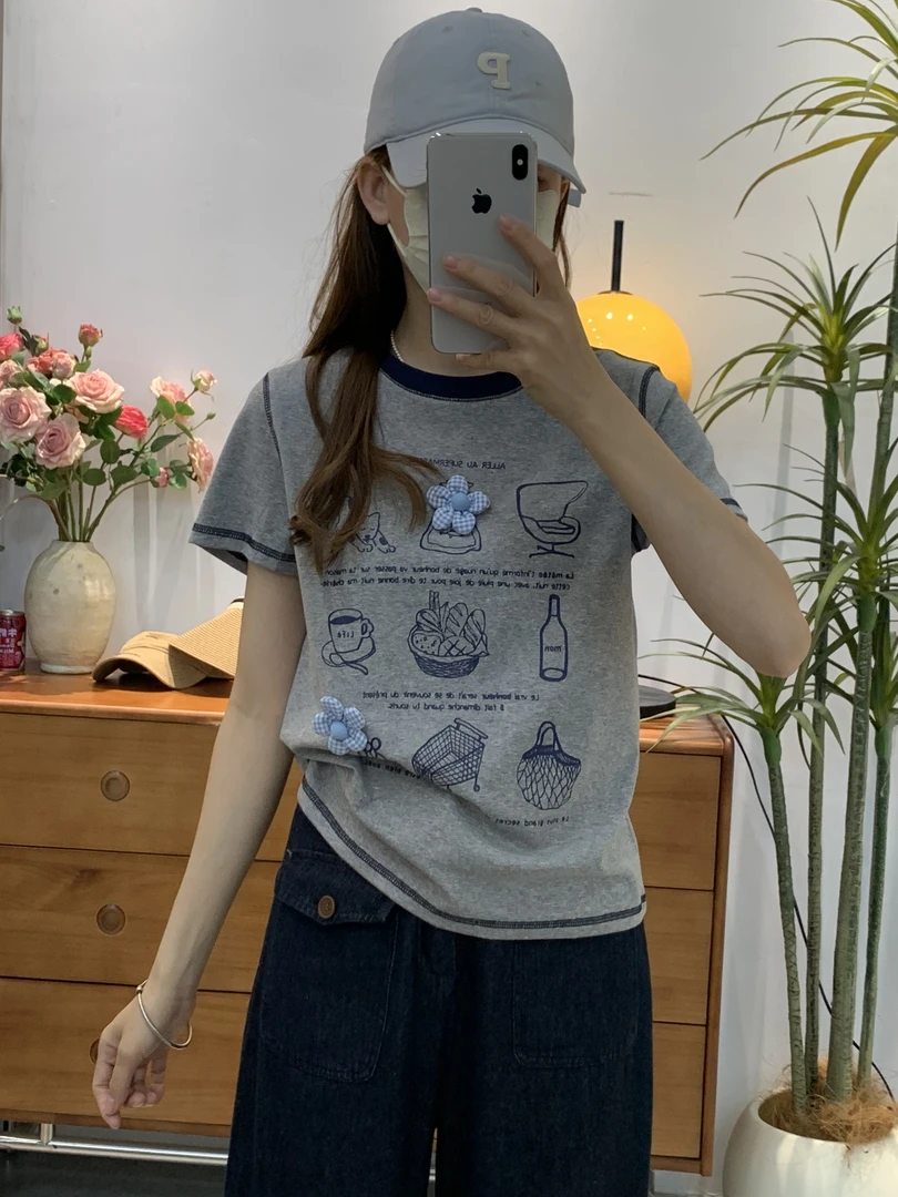 韩系短袖十三行明线立体撞色小花395