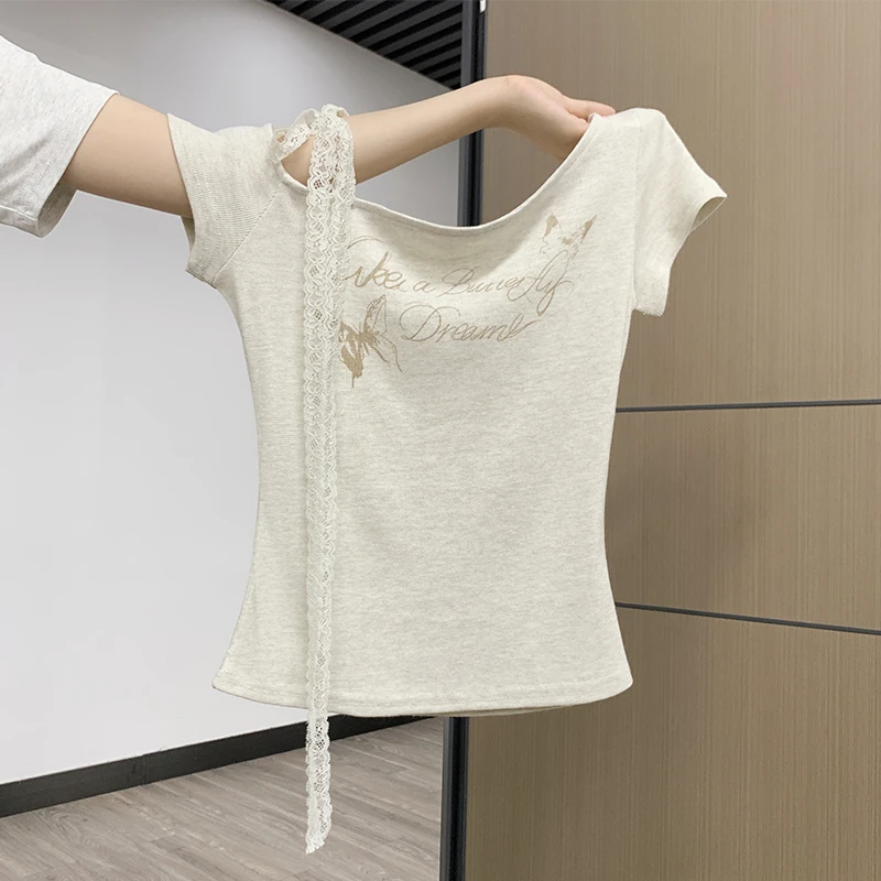 斜领露肩印花短袖T恤女2025夏季新款修身显瘦独特别致高级感上衣