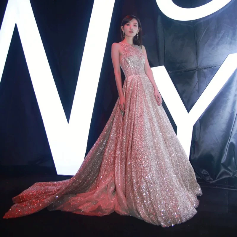 直播链接断码特价金色亮片高端模特走秀礼服长款拖尾主持人晚礼服