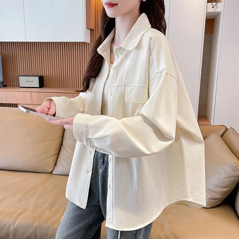 慵懒风翻领磨毛加厚衬衫女秋季2025新款高中学生宽松外穿衬衣外套