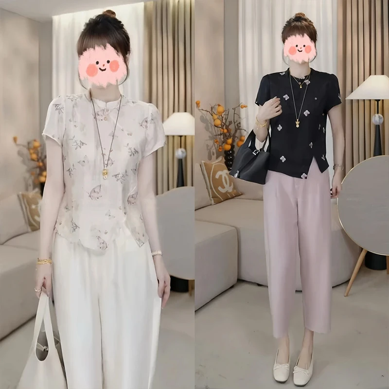 夏季新款新中式斜襟艺术感小衫短袖上衣套装显瘦九分裤洋气衣服女