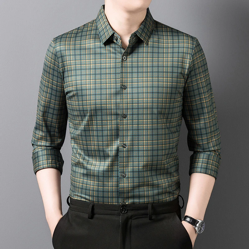 格子男士长袖衬衫中年商务休闲百搭潮流衫秋冬新款打底衬衣男