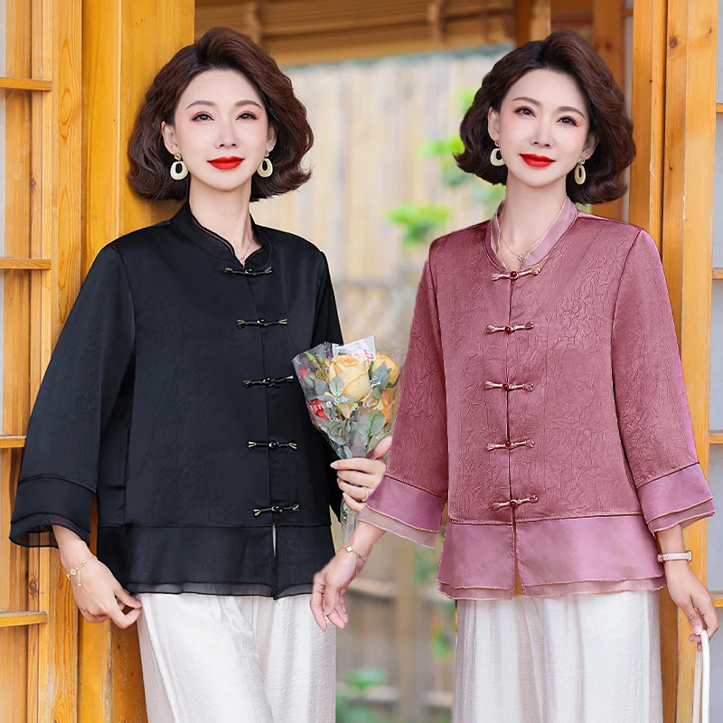 中年妈妈夏装2025新款上衣裤子洋气中老年女装高贵小衫套装上衣服