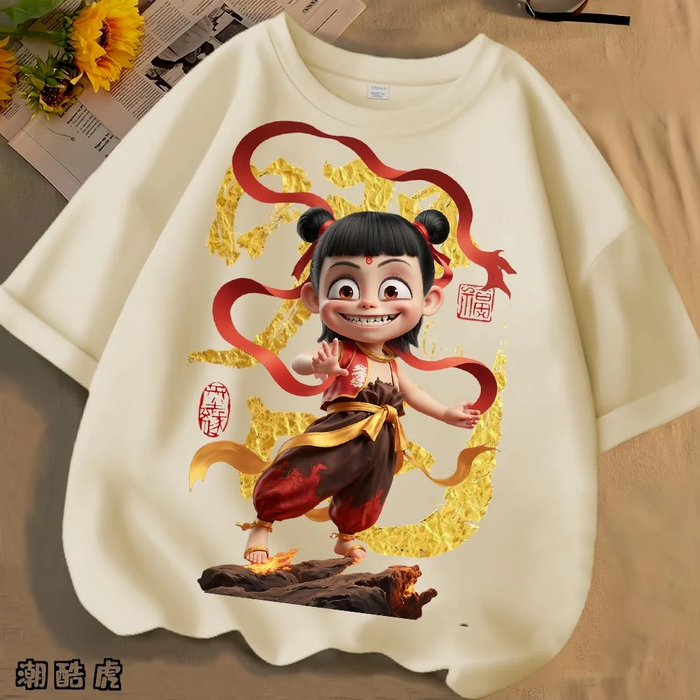 魔丸哪吒卡通夏季新款男女中大儿童短袖t恤纯棉圆领宽松衣服上衣