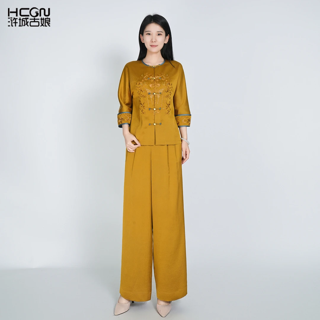 浒城古娘中式刺绣桑蚕丝福泽珍珠缎女套装HBSS050370+HBSS050371