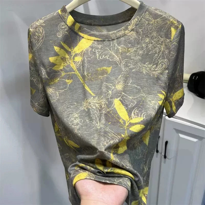 新潮风植物花卉短袖印染圆领T恤宽松印花泰式纯欲风