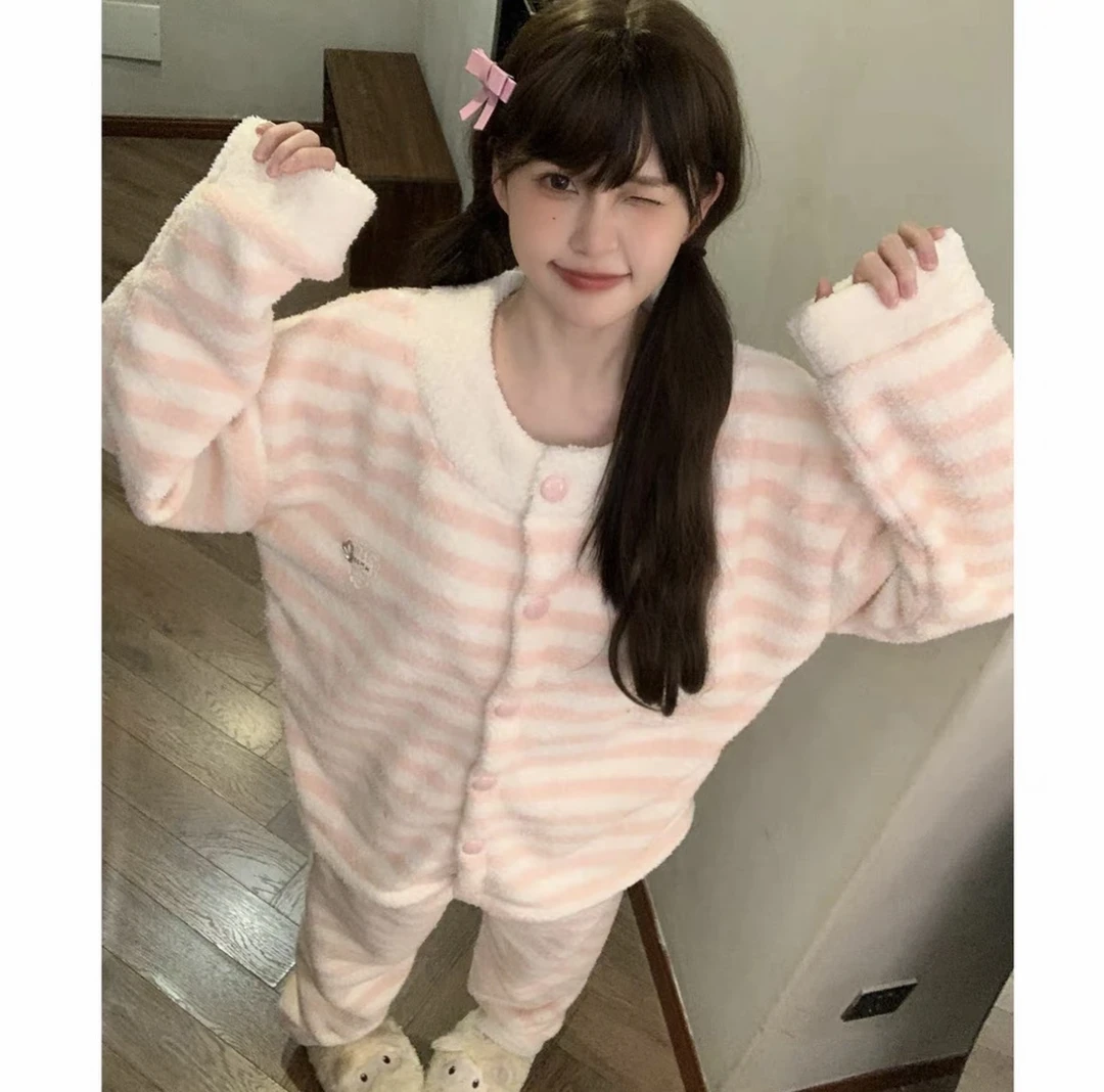 睡衣秋冬季开衫甜美加厚保暖半边绒家居服粉色条纹