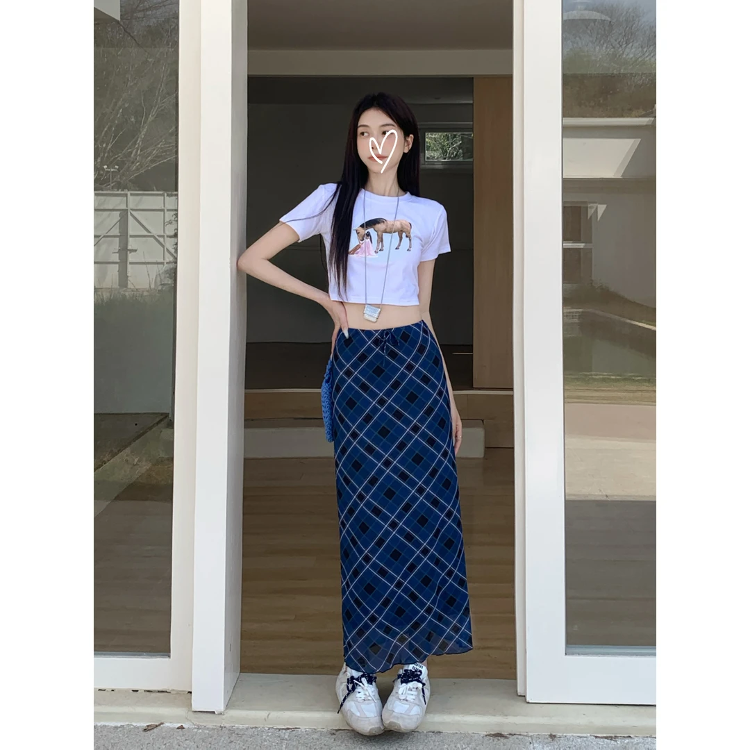 大码胖mm格子直筒中长款半身裙辣妹高腰显瘦夏季包臀长裙
