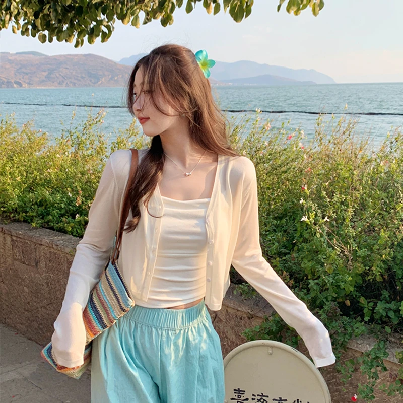 开衫白色配吊带连衣裙女2025新款百搭防晒上衣针织外套薄款小外搭