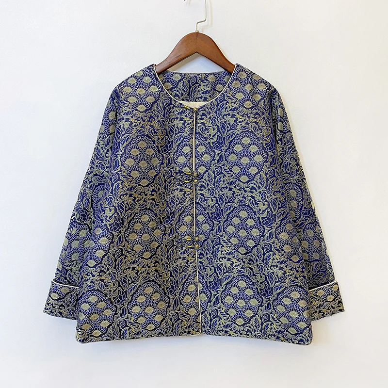 【九子菩提】新中式国风圆领气质加厚内填充桑蚕丝秋冬宋锦外套女