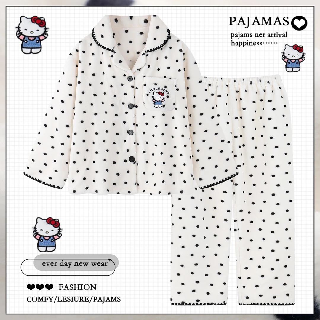 可爱卡通波点睡衣女长袖秋冬季法兰绒新款加绒加厚保暖学生家居服