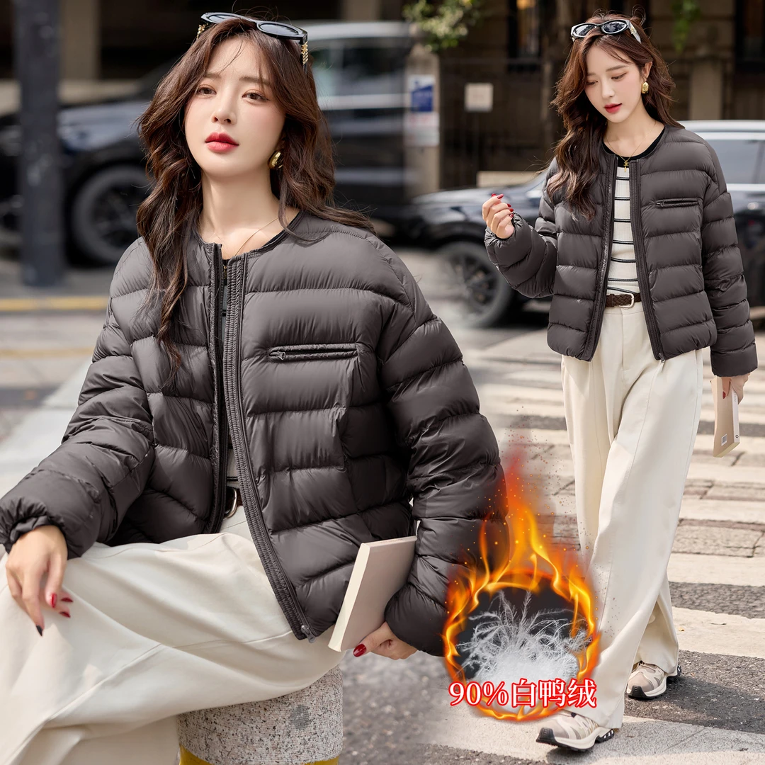 时尚圆领轻盈保暖90白鸭绒羽绒服女2025年冬季新款羽绒服短款外套
