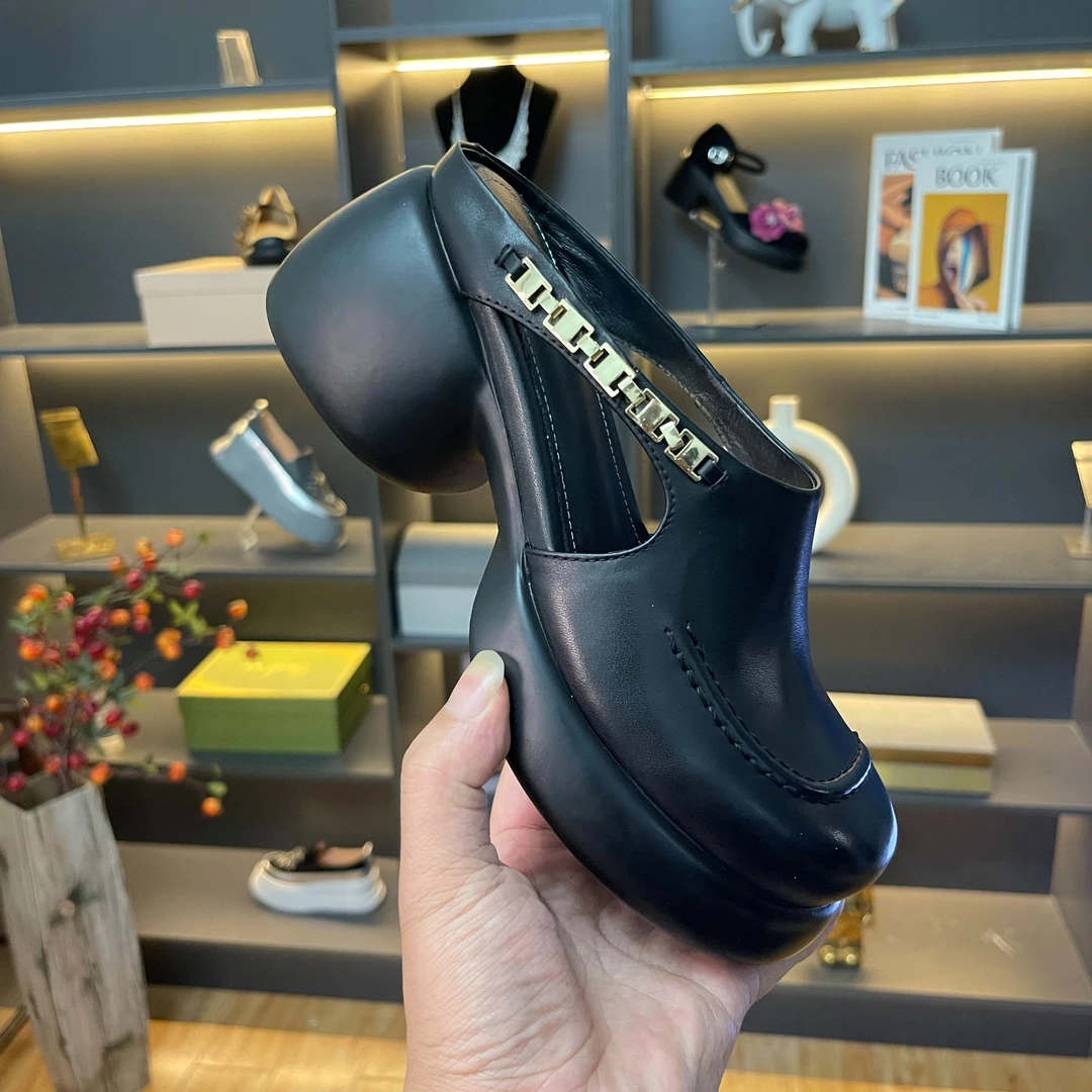 牛皮/6cm/网红增高跟真皮时尚百搭厚底粗跟包头半拖女夏季外穿