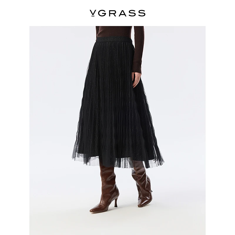 【晨粉专享价】VGRASS欧若智性风25春季新款优雅网纱半裙VSB2Q1537D