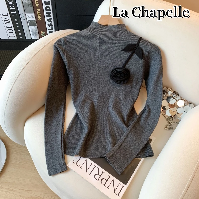 拉夏贝尔秋季法式半高领立体花朵针织衫洋气百搭显瘦打底长袖上衣