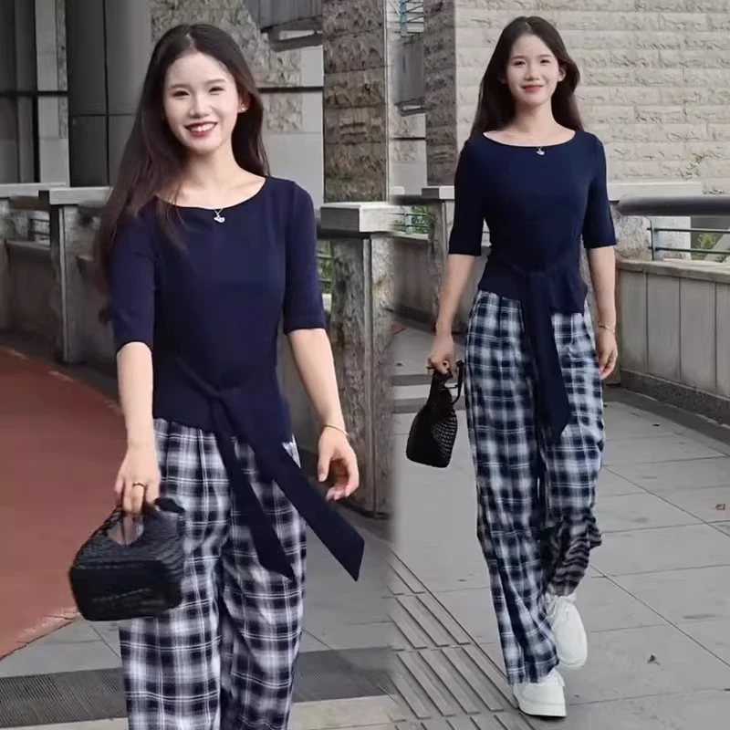 时尚套装女2025早秋新款时髦洋气显瘦中袖T恤格子阔腿裤两件套潮