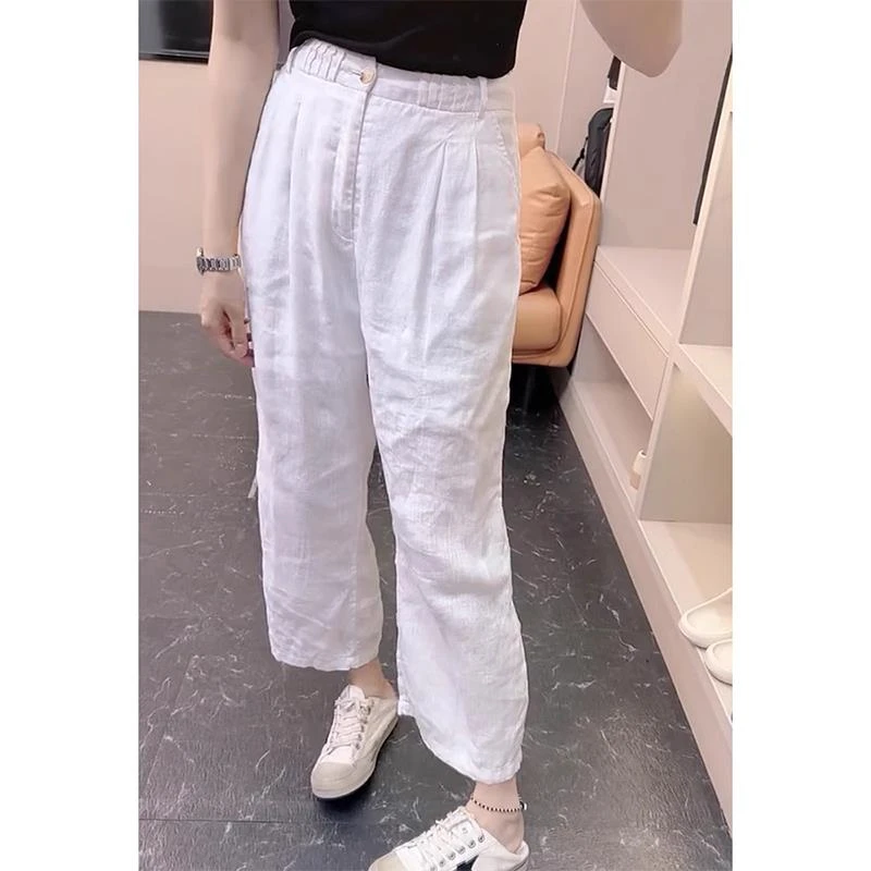 棉麻冰丝休闲裤子女夏季薄款大码胖mm宽松垂感九分亚麻直筒阔腿裤