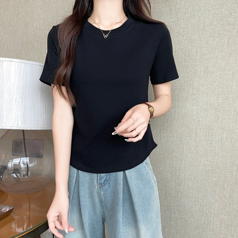 短袖不规则纯棉T恤夏季夏装半袖上衣高档新款洋气显瘦正肩圆领