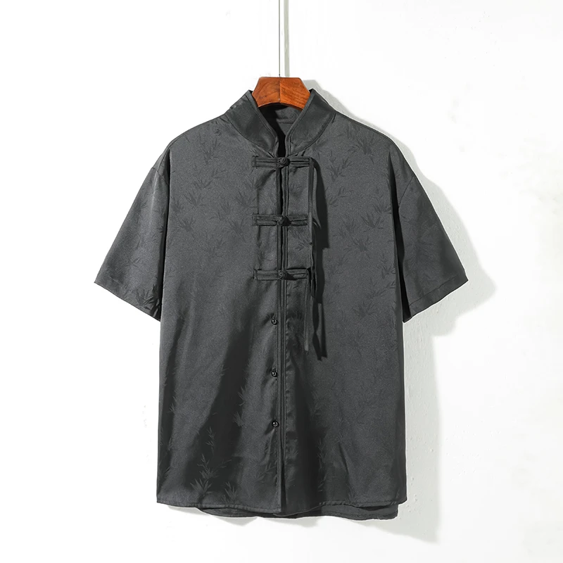 汉服外套夏季薄款中国风冰丝短袖衬衫新中式缎面提花宽松茶服唐装