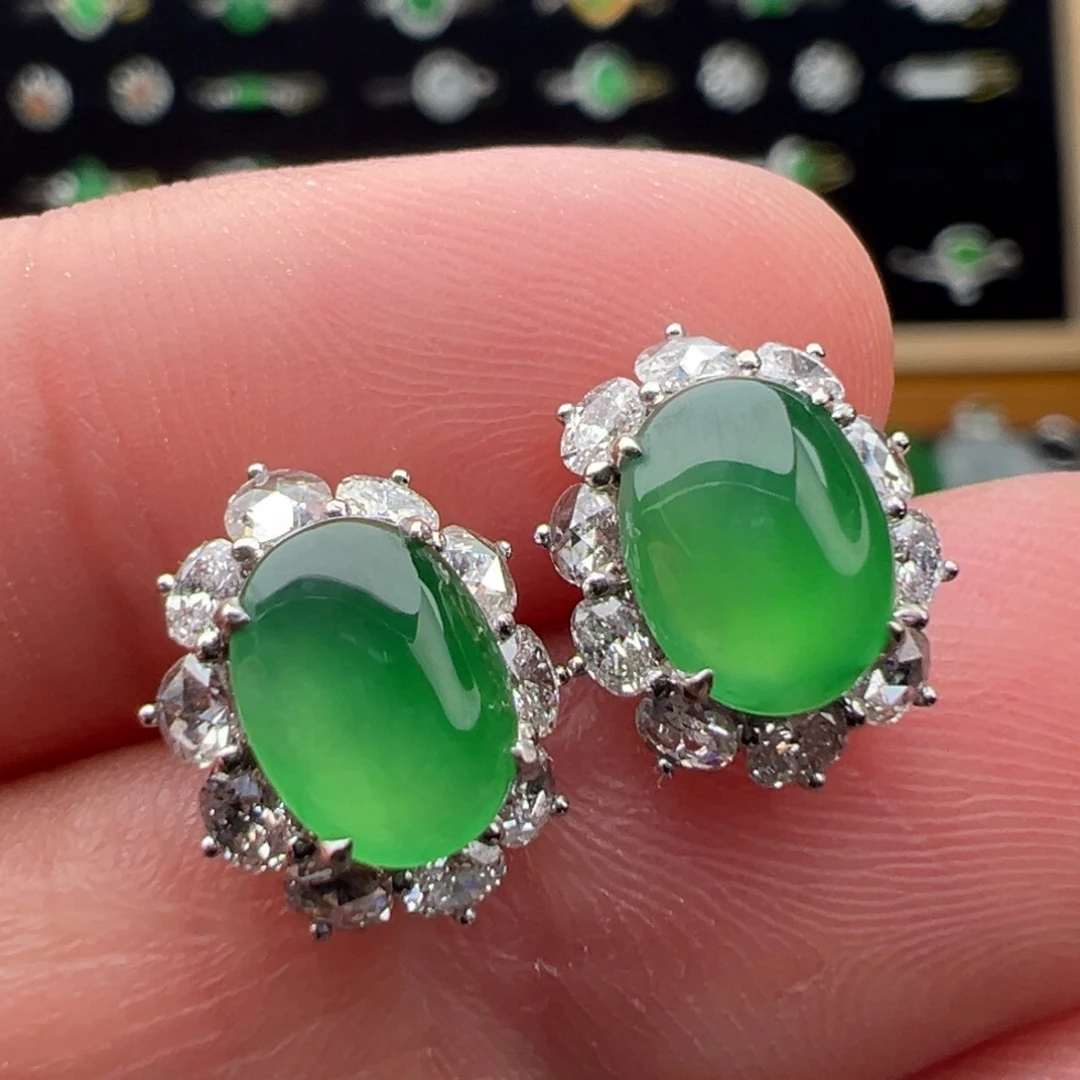 翡翠18K金镶嵌耳饰蛋面8