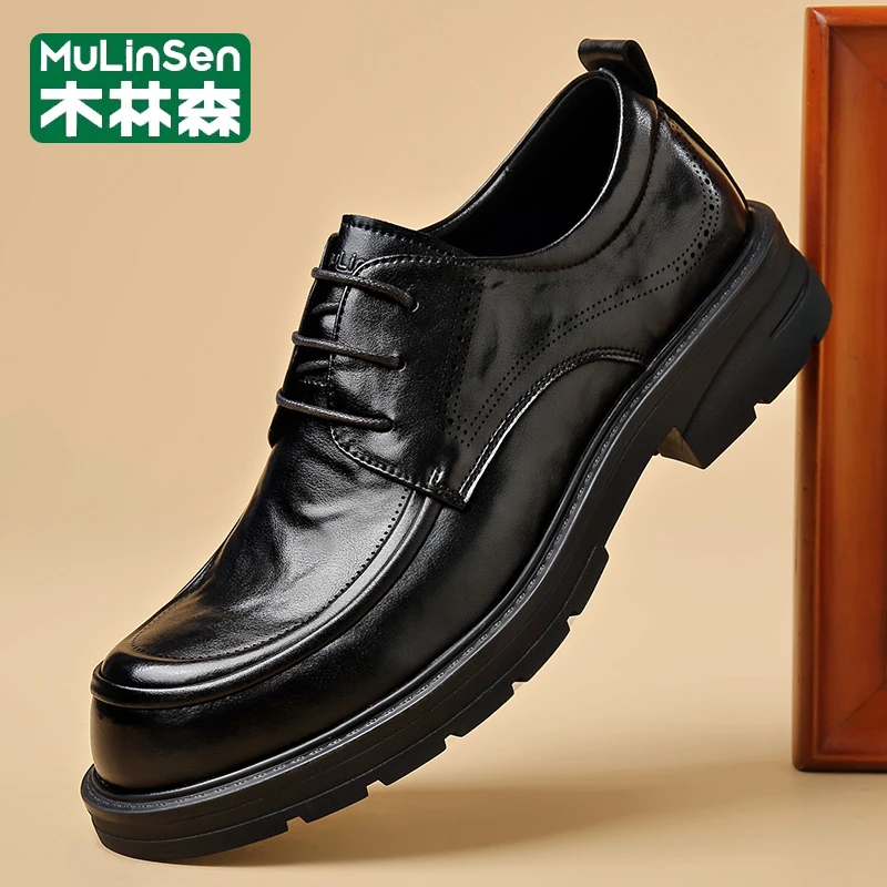 木林森休闲皮鞋男士秋季商务正装黑色透气百搭英伦大头德比男鞋