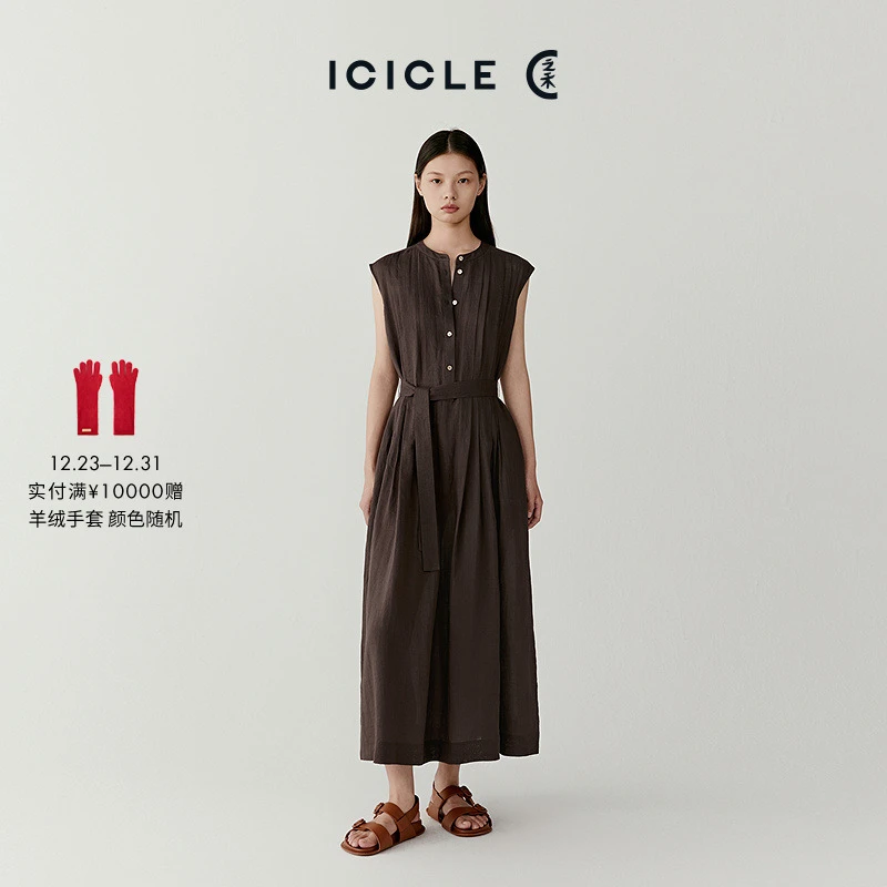 ICICLE之禾女装时尚气质苎麻平纹布中长连衣裙0726