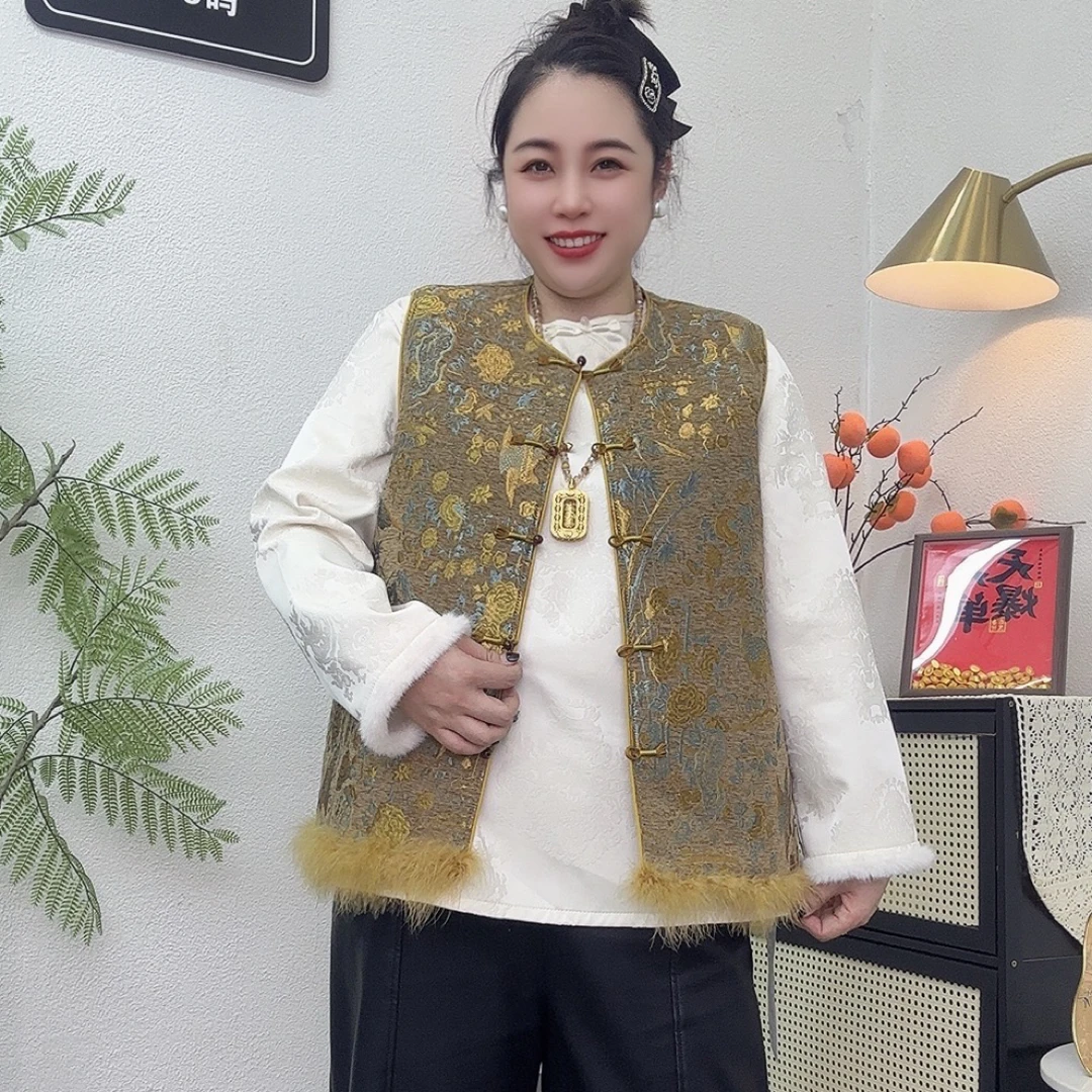 【丽姐家】加棉加厚款冬季新款新中式国风盘扣刺绣毛毛拼接款马甲
